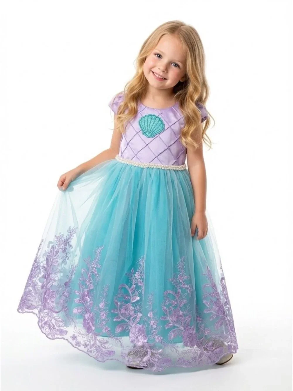Girls Little Mermaid Inspired Dress, Turquoise and Lavender Princess Gown